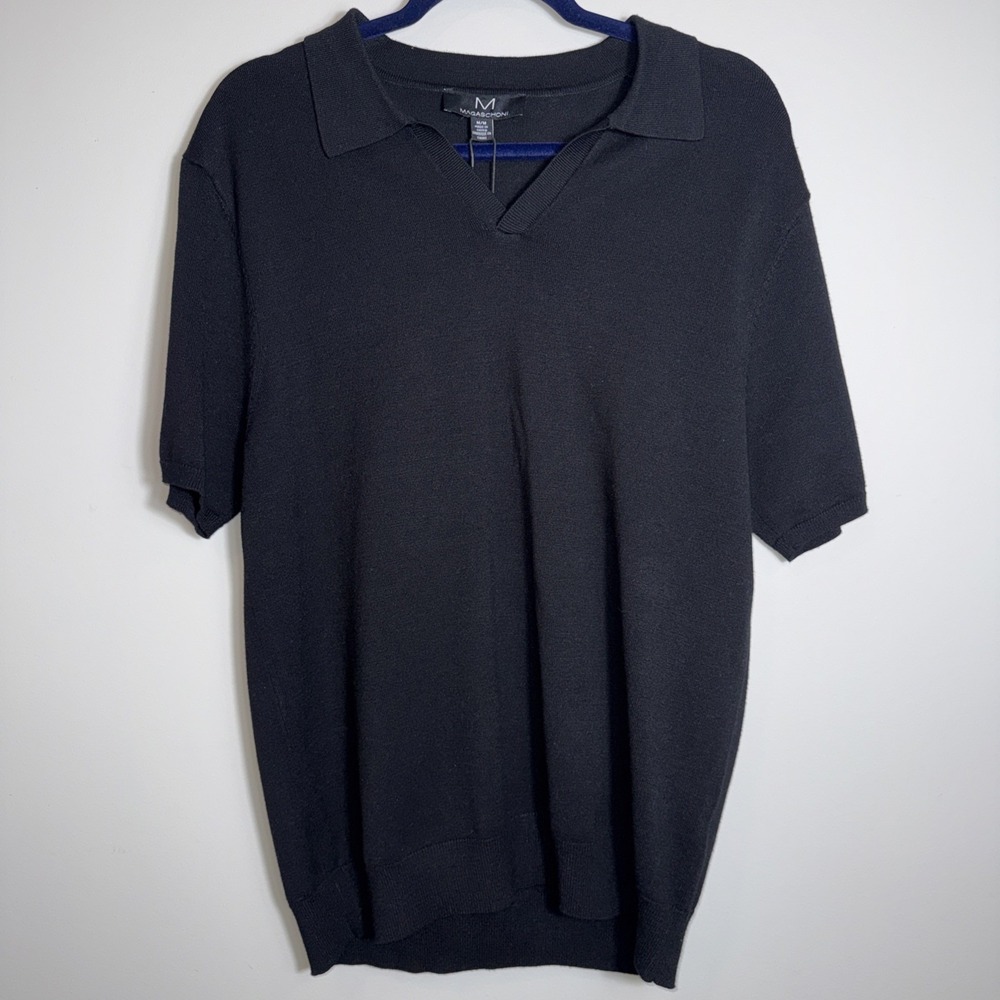 Magaschoni Men's Sweater Top Short‎ Sleeve VNeck Collared Stretch Medium Black